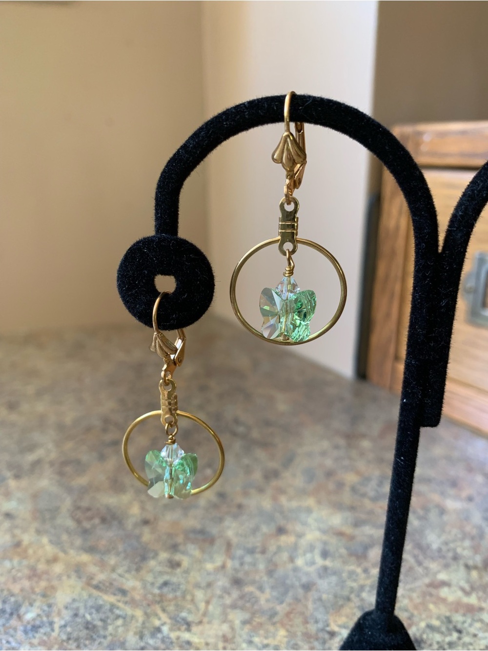 Vintage Green Crystal Butterfly Dangle Hoop Earrings
